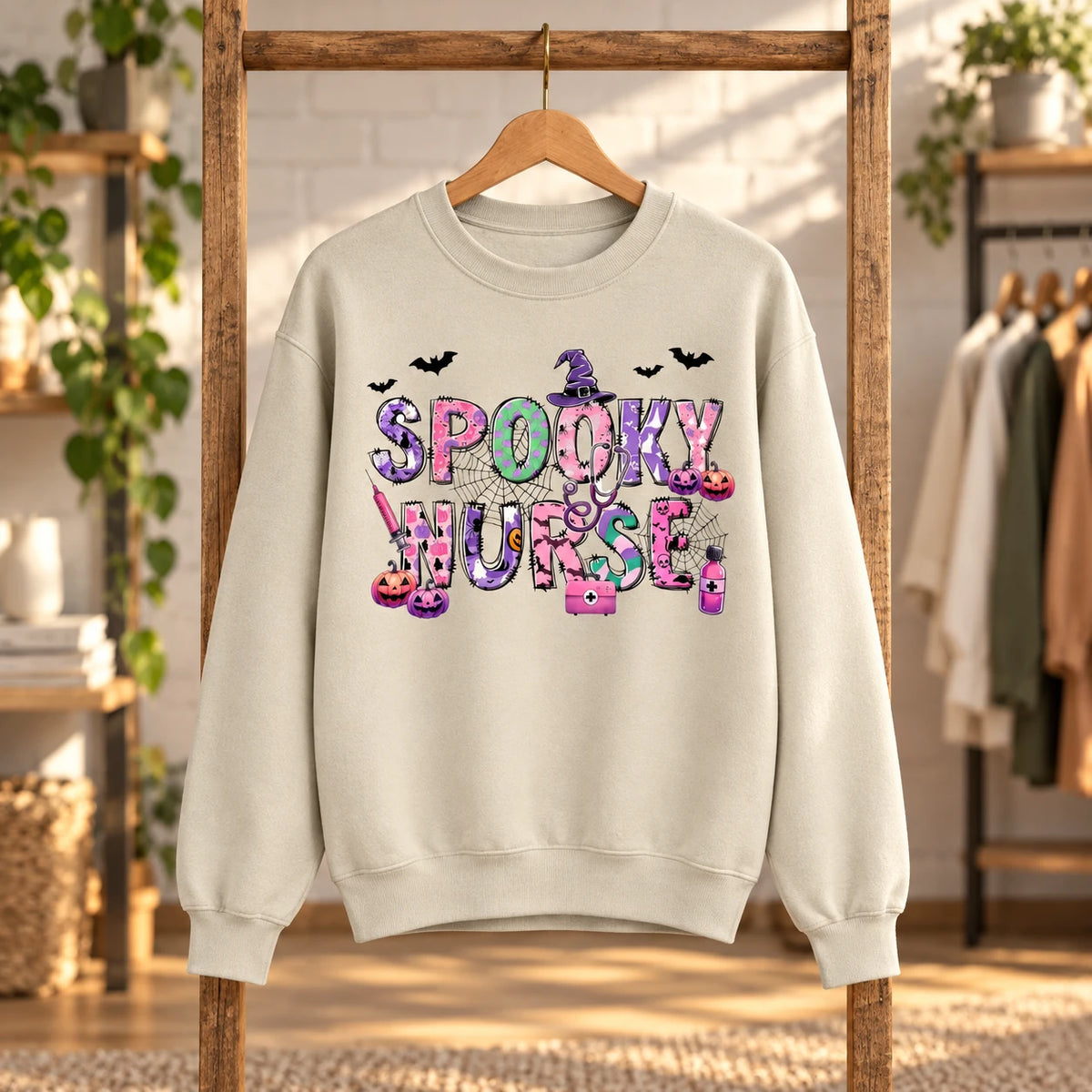 Spooky Nurse Gift Halloween Nurse Sweatshirt and T-Shirt Cute Pink Purple Medical Design