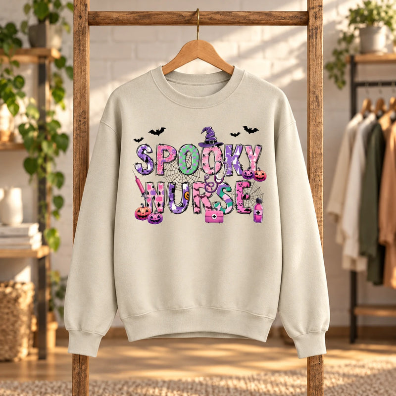 Spooky Nurse Gift Halloween Nurse Sweatshirt and T-Shirt Cute Pink Purple Medical Design