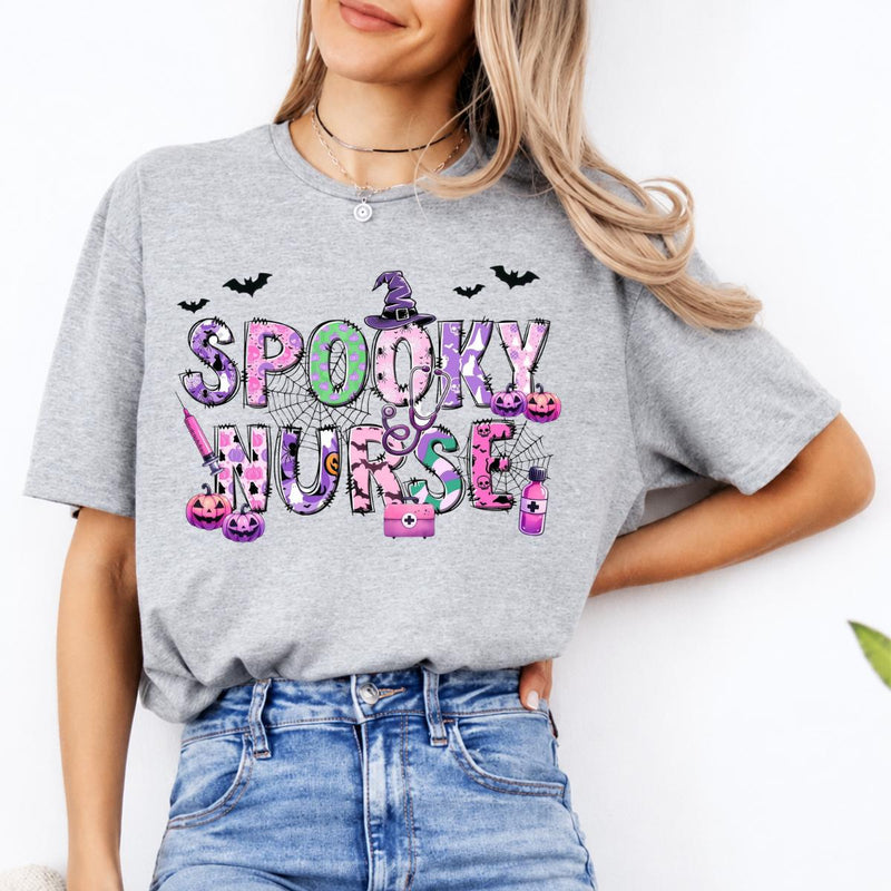 Spooky Nurse Gift Spooky Nurse Sweatshirt and T-Shirt Halloween Nurse Women Cute Pink Purple Design