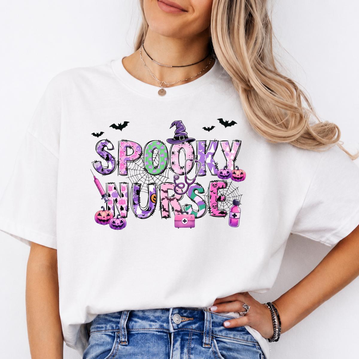 Spooky Nurse Gift Spooky Nurse Sweatshirt and T-Shirt Halloween Nurse Women Cute Pink Purple Design