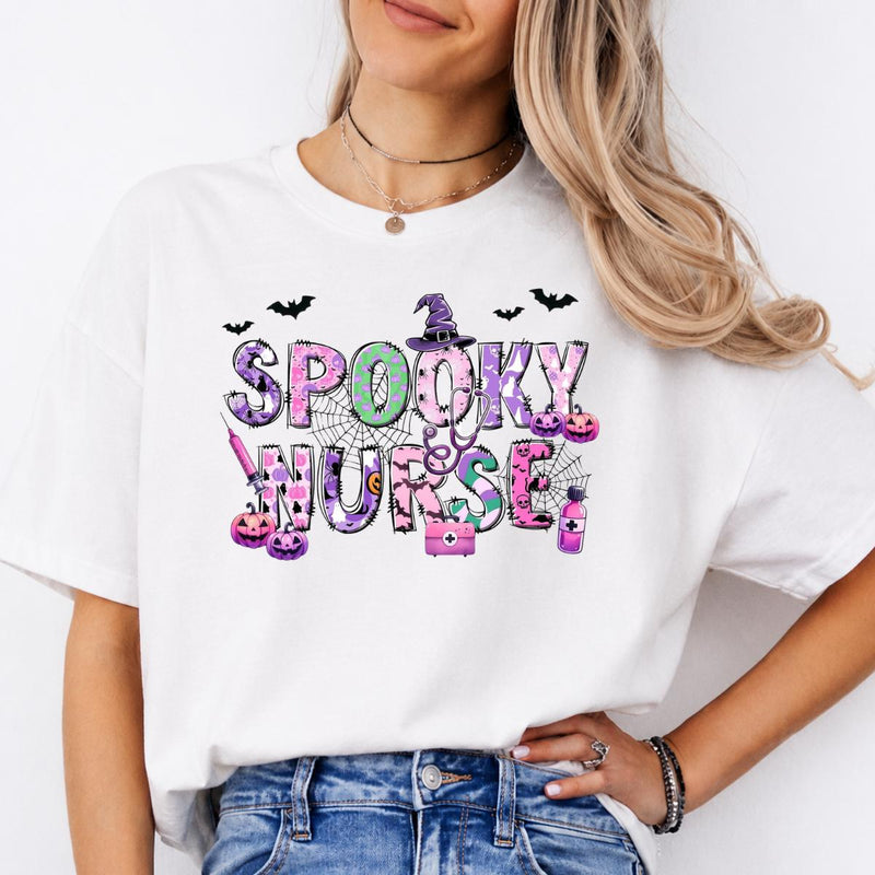 Spooky Nurse Gift Spooky Nurse Sweatshirt and T-Shirt Halloween Nurse Women Cute Pink Purple Design