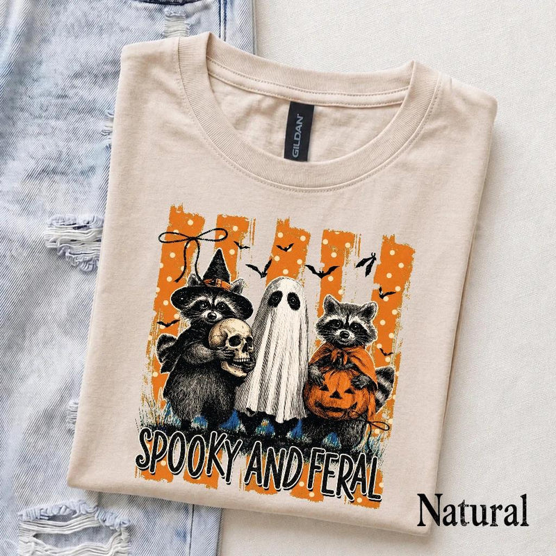 Spooky Raccoon Spooky And Feral T-Shirt Halloween Fall Animal Lover Unisex Retro Vintage