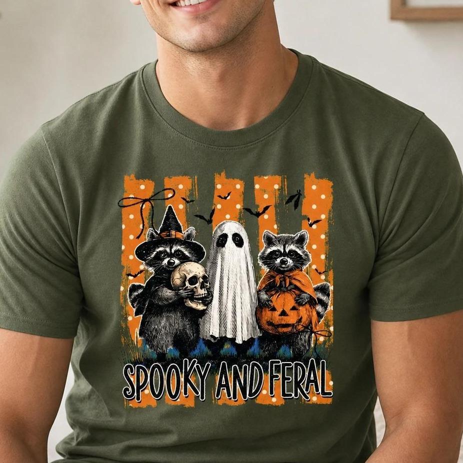 Spooky Raccoon Spooky And Feral T-Shirt Halloween Fall Animal Lover Unisex Retro Vintage