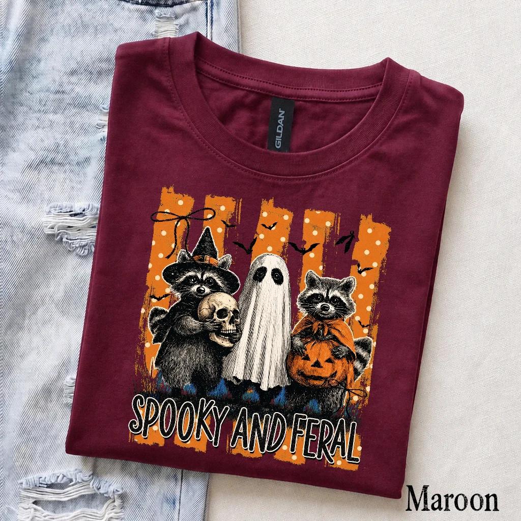 Spooky Raccoon Spooky And Feral T-Shirt Halloween Fall Animal Lover Unisex Retro Vintage