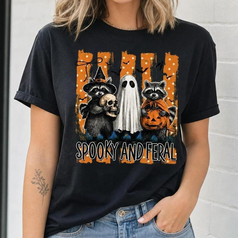Spooky Raccoon Spooky And Feral T-Shirt Halloween Fall Animal Lover Unisex Retro Vintage