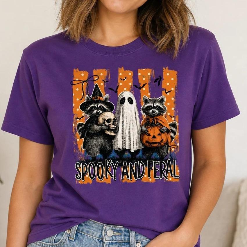 Spooky Raccoon Spooky And Feral T-Shirt Halloween Fall Animal Lover Unisex Retro Vintage