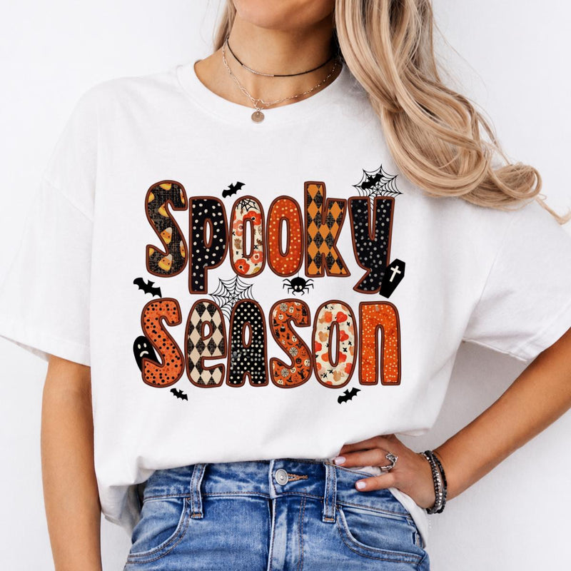 Spooky Season Apparel Spooky Season Sweatshirt and T-Shirt Halloween Women Retro Patchwork Cute Design