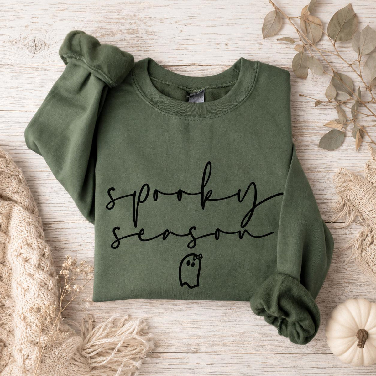 Spooky Season Cute Ghost Sweatshirt Halloween Fall Women Minimalist Script