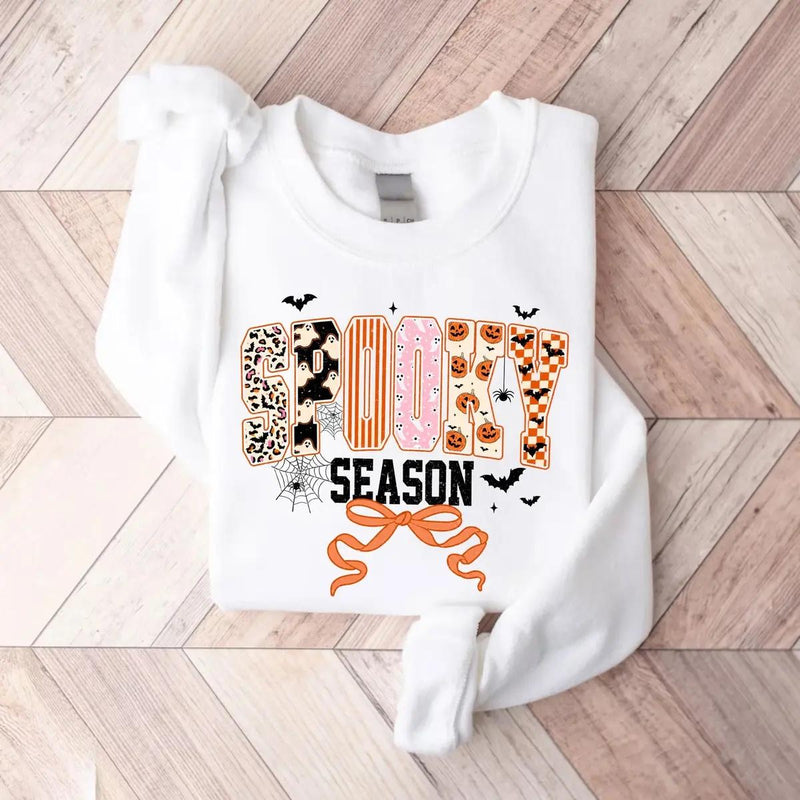 Spooky Season Ghost Bow Sweatshirt and T-Shirt Fall Halloween Women Coquette Retro