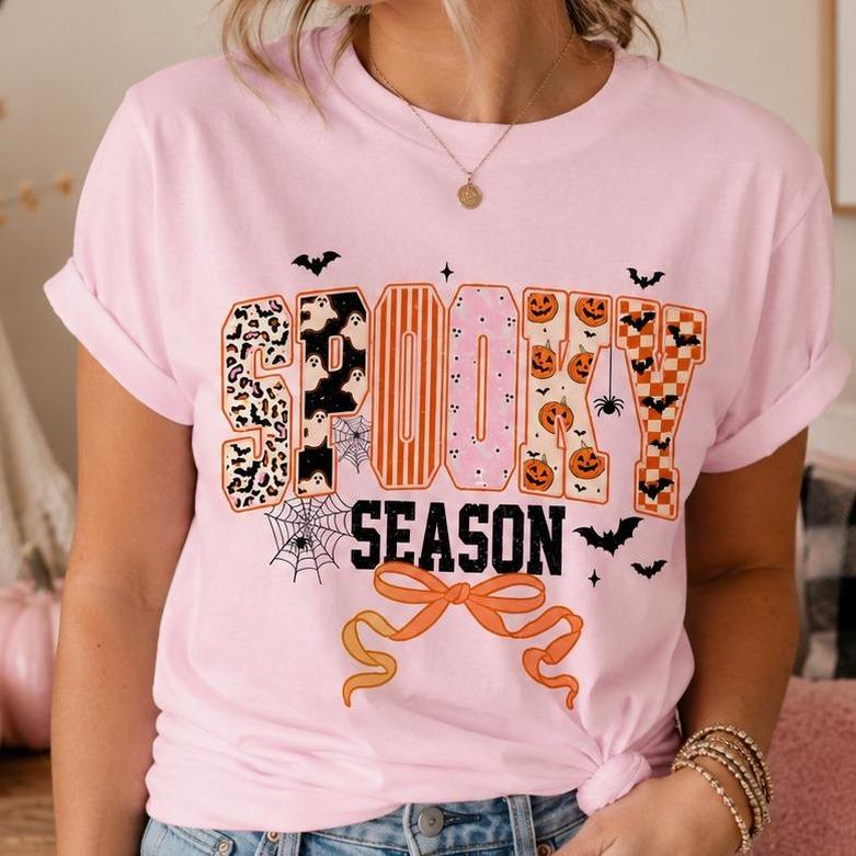 Spooky Season Ghost Bow Sweatshirt and T-Shirt Fall Halloween Women Coquette Retro