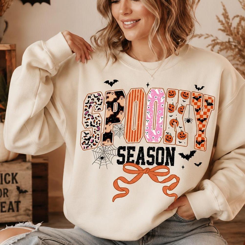 Spooky Season Ghost Bow Sweatshirt and T-Shirt Fall Halloween Women Coquette Retro