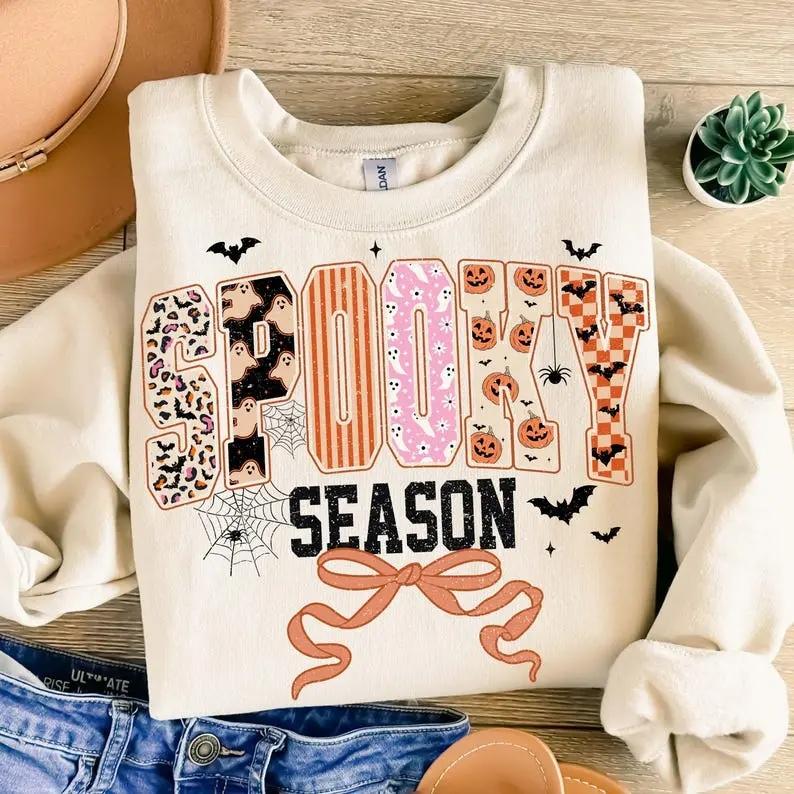 Spooky Season Ghost Bow Sweatshirt and T-Shirt Fall Halloween Women Coquette Retro
