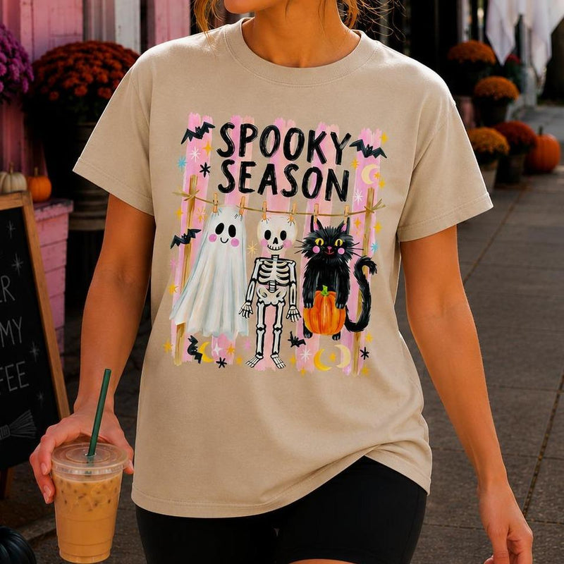 Spooky Season Ghost Skeleton Cat Sweatshirt and T-Shirt Halloween Fall Women Cute Retro