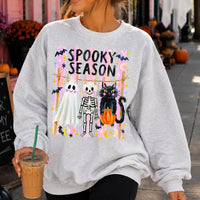 Spooky Season Ghost Skeleton Cat Sweatshirt and T-Shirt Halloween Fall Women Cute Retro
