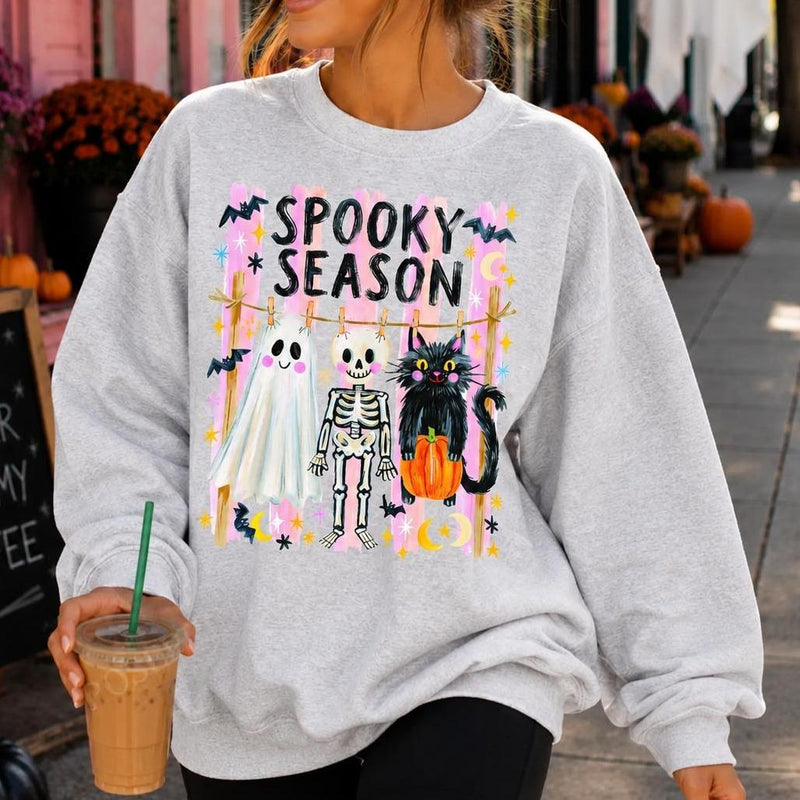 Spooky Season Ghost Skeleton Cat Sweatshirt and T-Shirt Halloween Fall Women Cute Retro