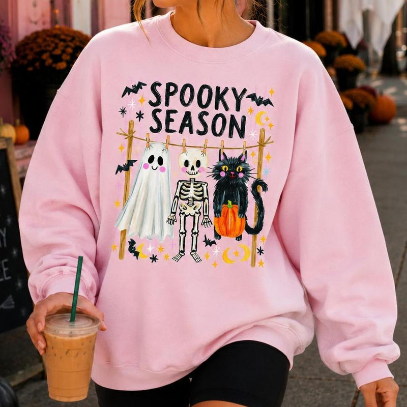 Spooky Season Ghost Skeleton Cat Sweatshirt and T-Shirt Halloween Fall Women Cute Retro