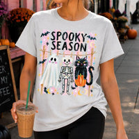 Spooky Season Ghost Skeleton Cat Sweatshirt and T-Shirt Halloween Fall Women Cute Retro