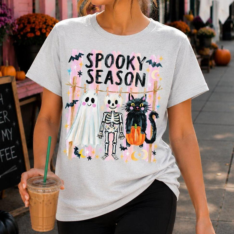 Spooky Season Ghost Skeleton Cat Sweatshirt and T-Shirt Halloween Fall Women Cute Retro