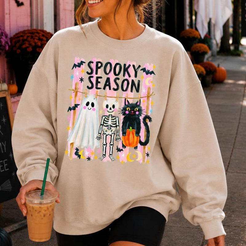Spooky Season Ghost Skeleton Cat Sweatshirt and T-Shirt Halloween Fall Women Cute Retro