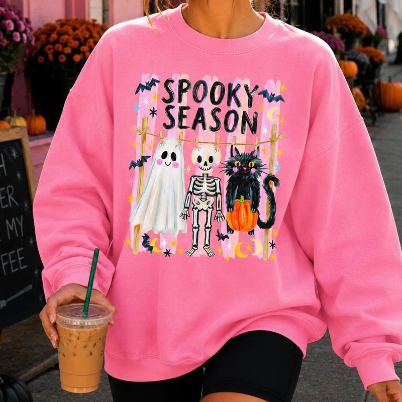 Spooky Season Ghost Skeleton Cat Sweatshirt and T-Shirt Halloween Fall Women Cute Retro