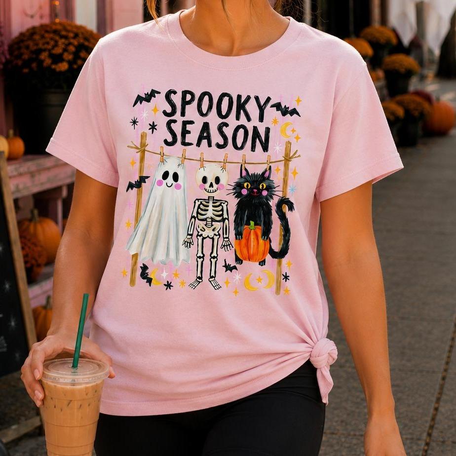 Spooky Season Ghost Skeleton Cat Sweatshirt and T-Shirt Halloween Fall Women Cute Retro