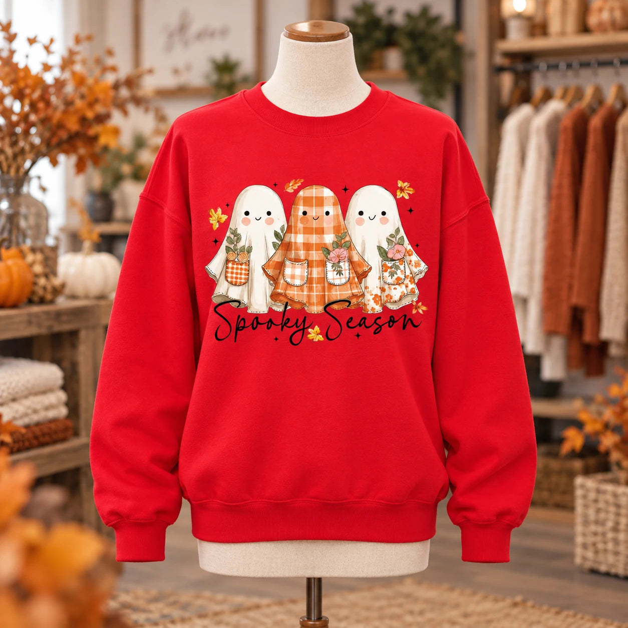 Spooky Season Ghost Sweatshirt and T-Shirt for Women, Cute Halloween Fall Cottagecore Plaid Floral Design