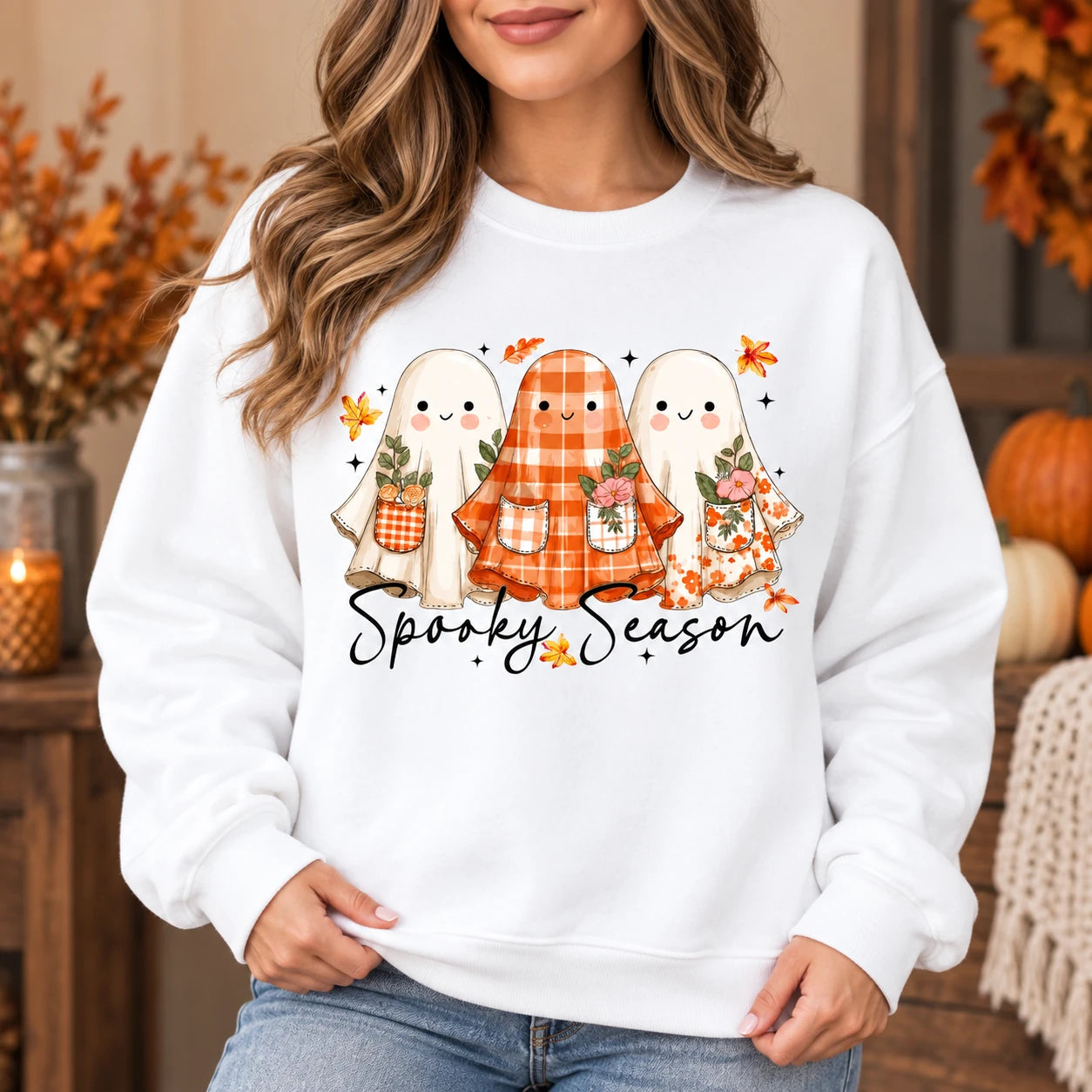 Spooky Season Ghost Sweatshirt and T-Shirt for Women, Cute Halloween Fall Cottagecore Plaid Floral Design