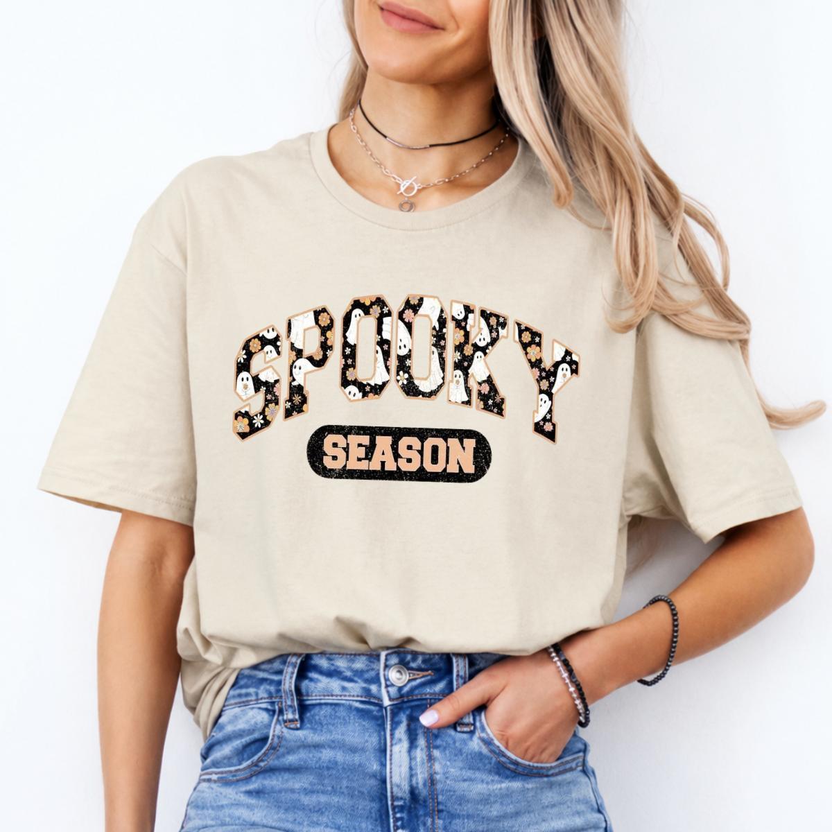 Spooky Season Halloween Cute Ghost Floral Sweatshirt and T-Shirt Fall Holiday Women Retro Varsity