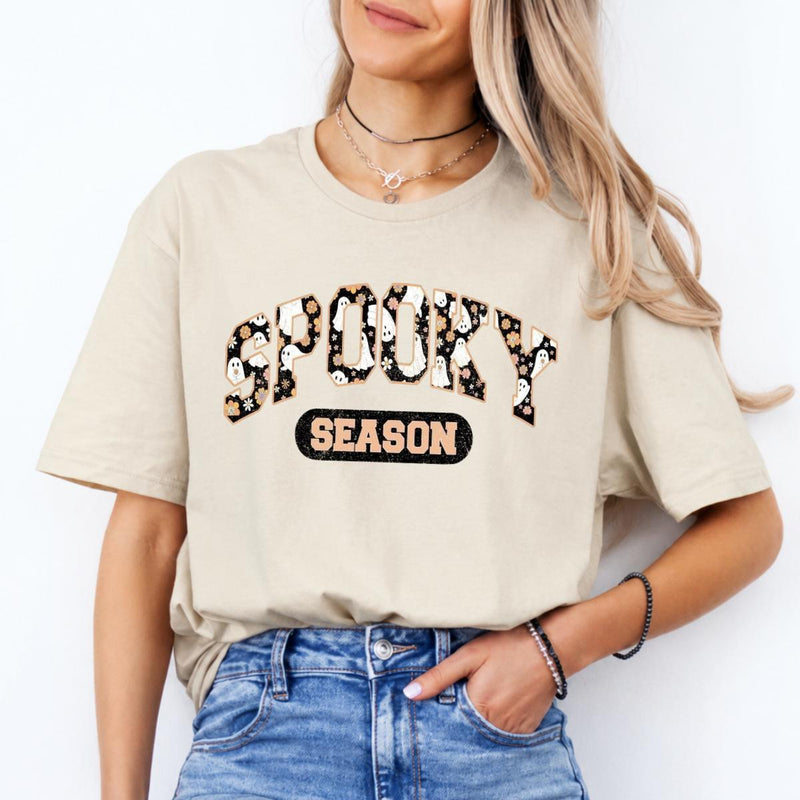 Spooky Season Halloween Cute Ghost Floral Sweatshirt and T-Shirt Fall Holiday Women Retro Varsity