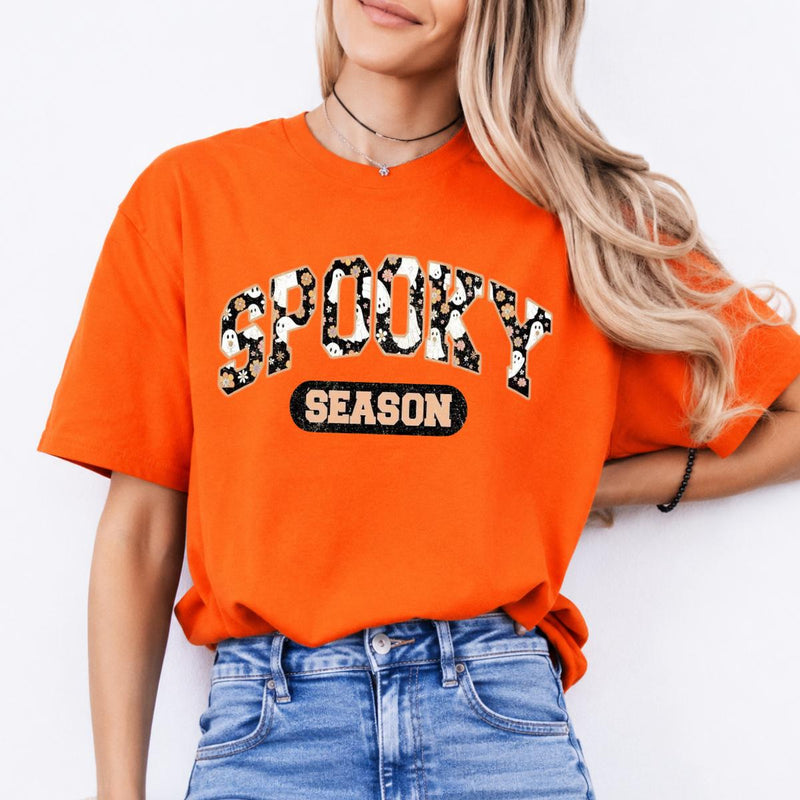 Spooky Season Halloween Cute Ghost Floral Sweatshirt and T-Shirt Fall Holiday Women Retro Varsity