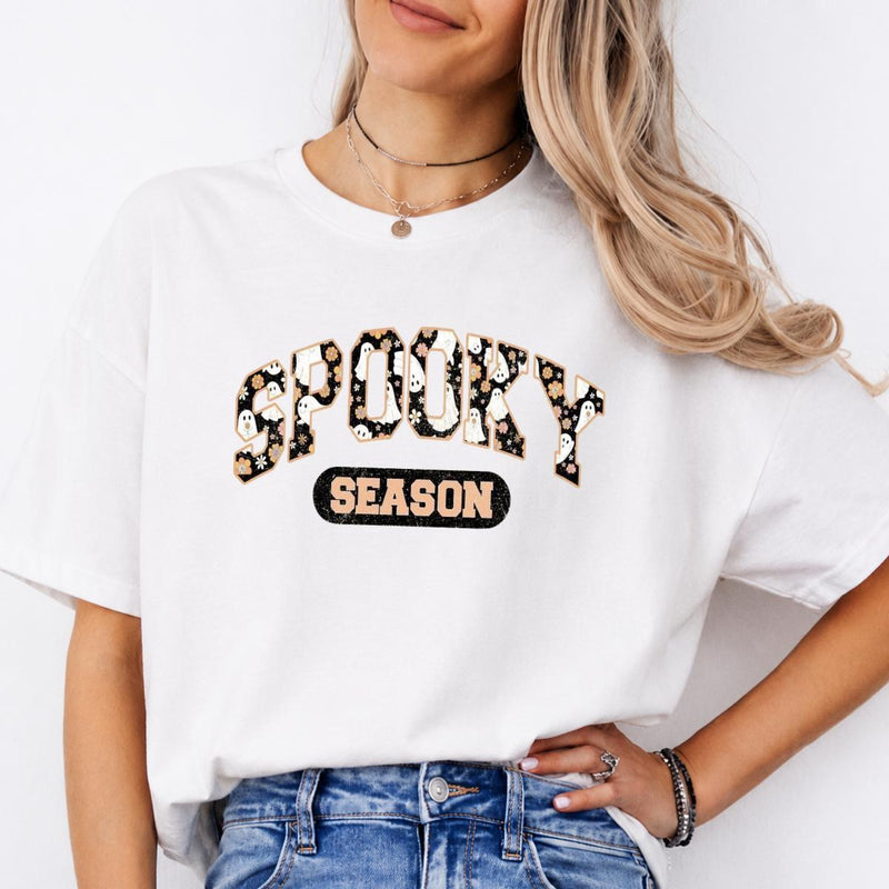 Spooky Season Halloween Cute Ghost Floral Sweatshirt and T-Shirt Fall Holiday Women Retro Varsity
