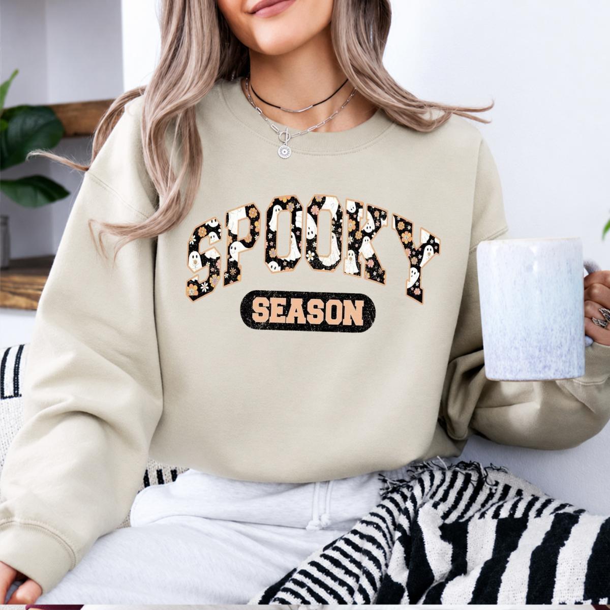 Spooky Season Halloween Cute Ghost Floral Sweatshirt and T-Shirt Fall Holiday Women Retro Varsity