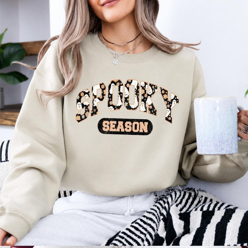 Spooky Season Halloween Cute Ghost Floral Sweatshirt and T-Shirt Fall Holiday Women Retro Varsity