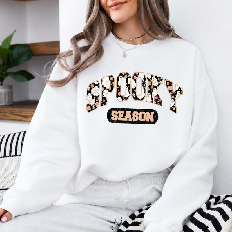 Spooky Season Halloween Cute Ghost Floral Sweatshirt and T-Shirt Fall Holiday Women Retro Varsity
