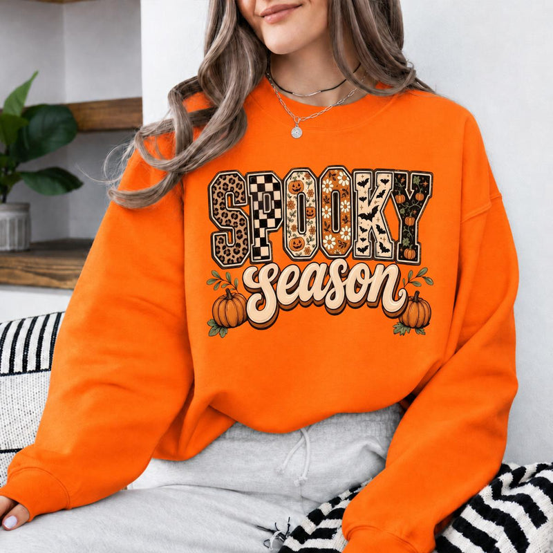 Spooky Season Halloween Spooky Season Sweatshirt and T-Shirt Fall Autumn Women Retro Checker Leopard