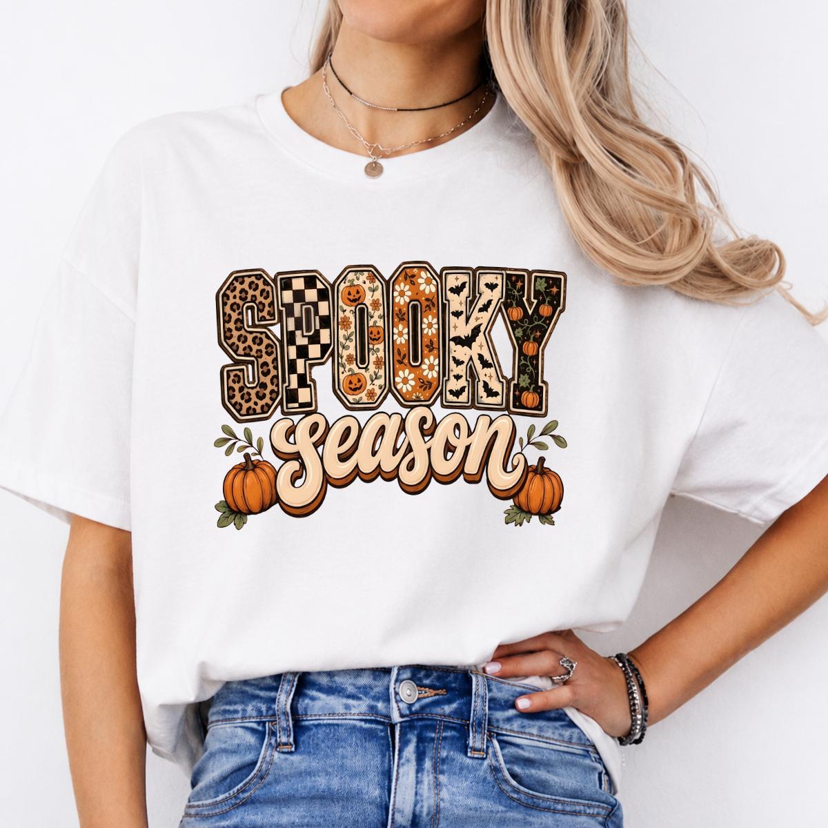 Spooky Season Halloween Spooky Season Sweatshirt and T-Shirt Fall Autumn Women Retro Checker Leopard
