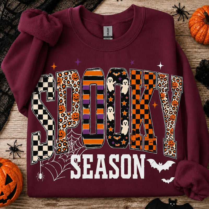 Spooky Season Spooky Season Sweatshirt and T-Shirt Halloween Fall Women Retro Patterned Varsity