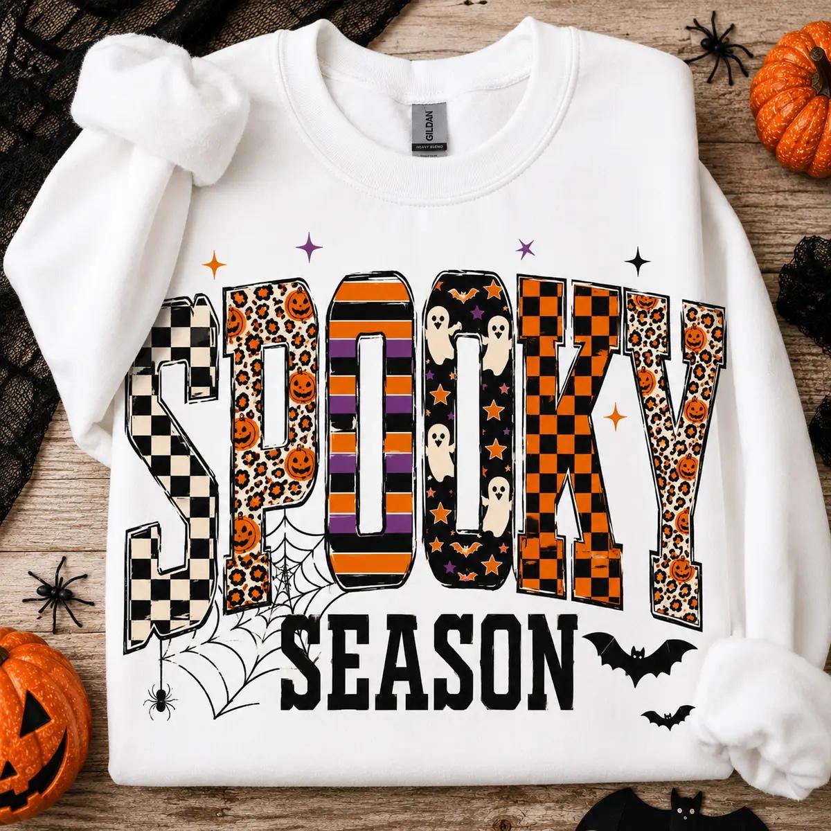 Spooky Season Spooky Season Sweatshirt and T-Shirt Halloween Fall Women Retro Patterned Varsity