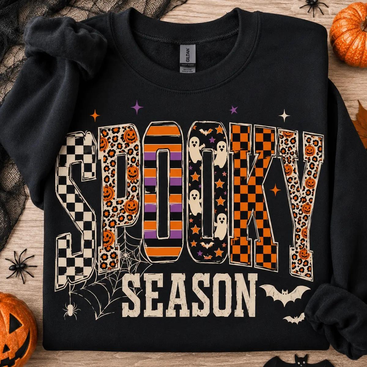Spooky Season Spooky Season Sweatshirt and T-Shirt Halloween Fall Women Retro Patterned Varsity