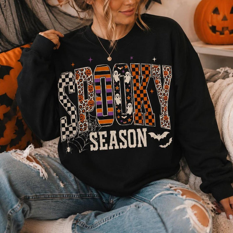 Spooky Season Spooky Season Sweatshirt and T-Shirt Halloween Fall Women Retro Patterned Varsity