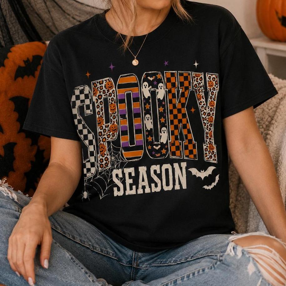 Spooky Season Spooky Season Sweatshirt and T-Shirt Halloween Fall Women Retro Patterned Varsity