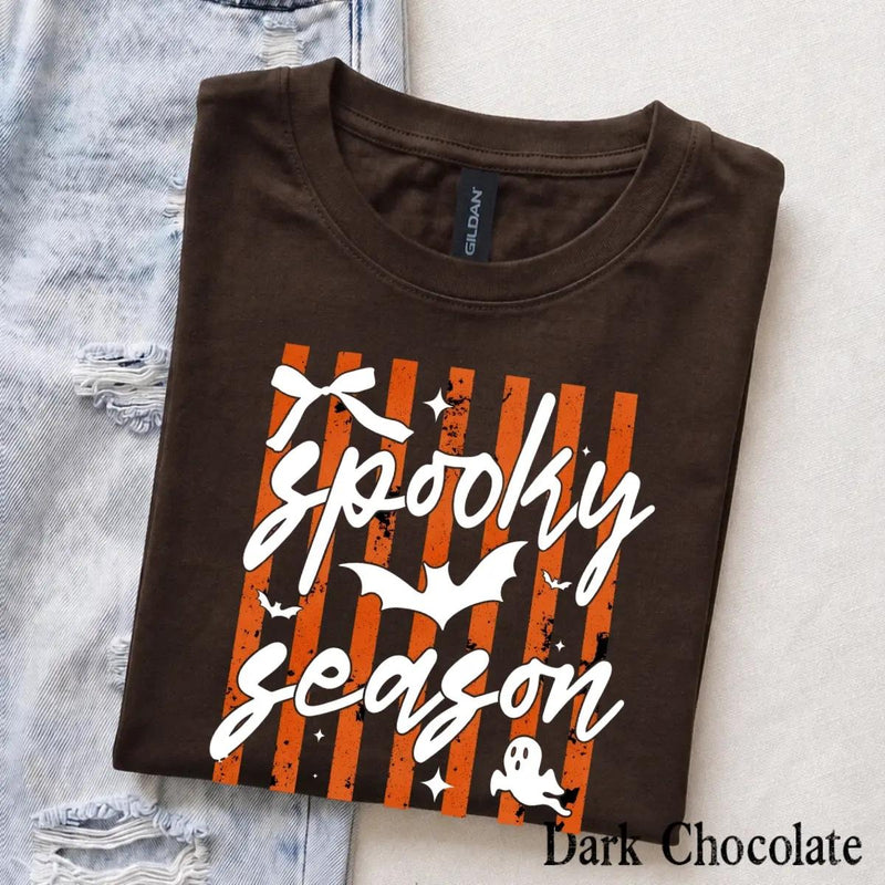 Spooky Season Spooky Season T-Shirt Halloween Fall Apparel Women Cute Coquette Retro Striped