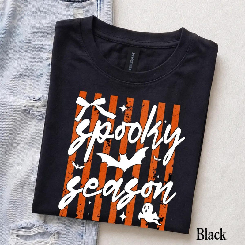 Spooky Season Spooky Season T-Shirt Halloween Fall Apparel Women Cute Coquette Retro Striped