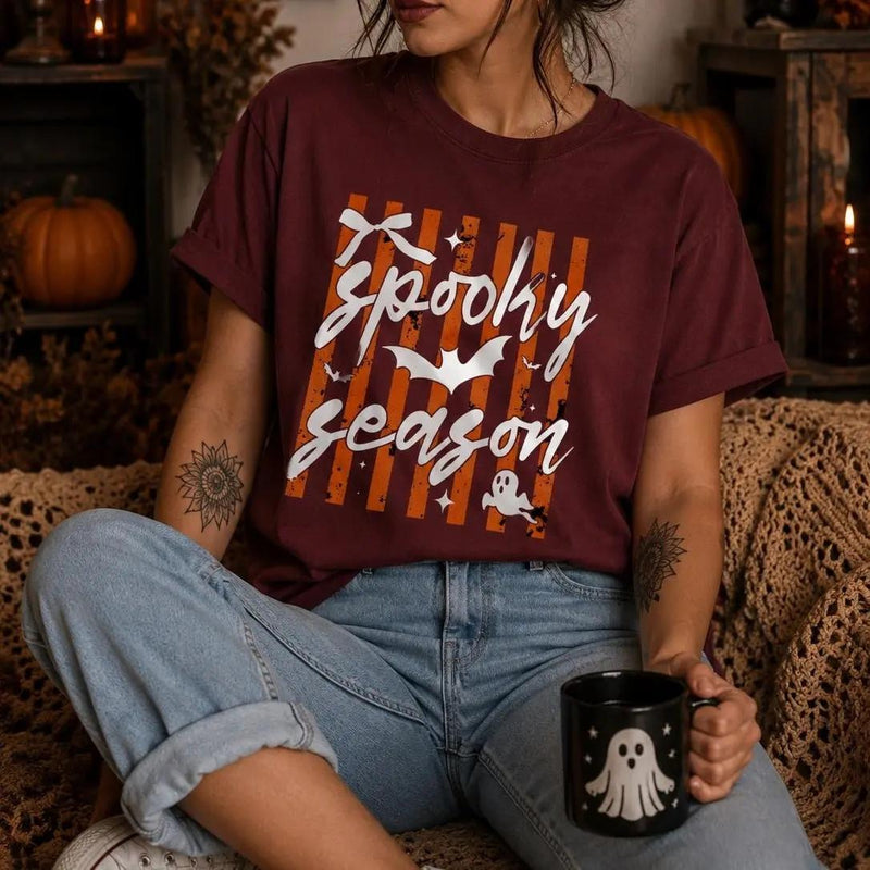 Spooky Season Spooky Season T-Shirt Halloween Fall Apparel Women Cute Coquette Retro Striped