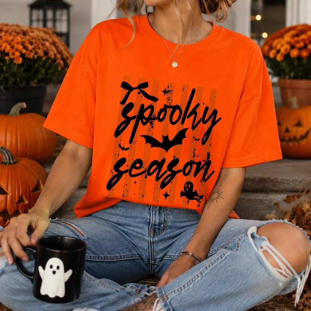 Spooky Season Spooky Season T-Shirt Halloween Fall Apparel Women Cute Coquette Retro Striped