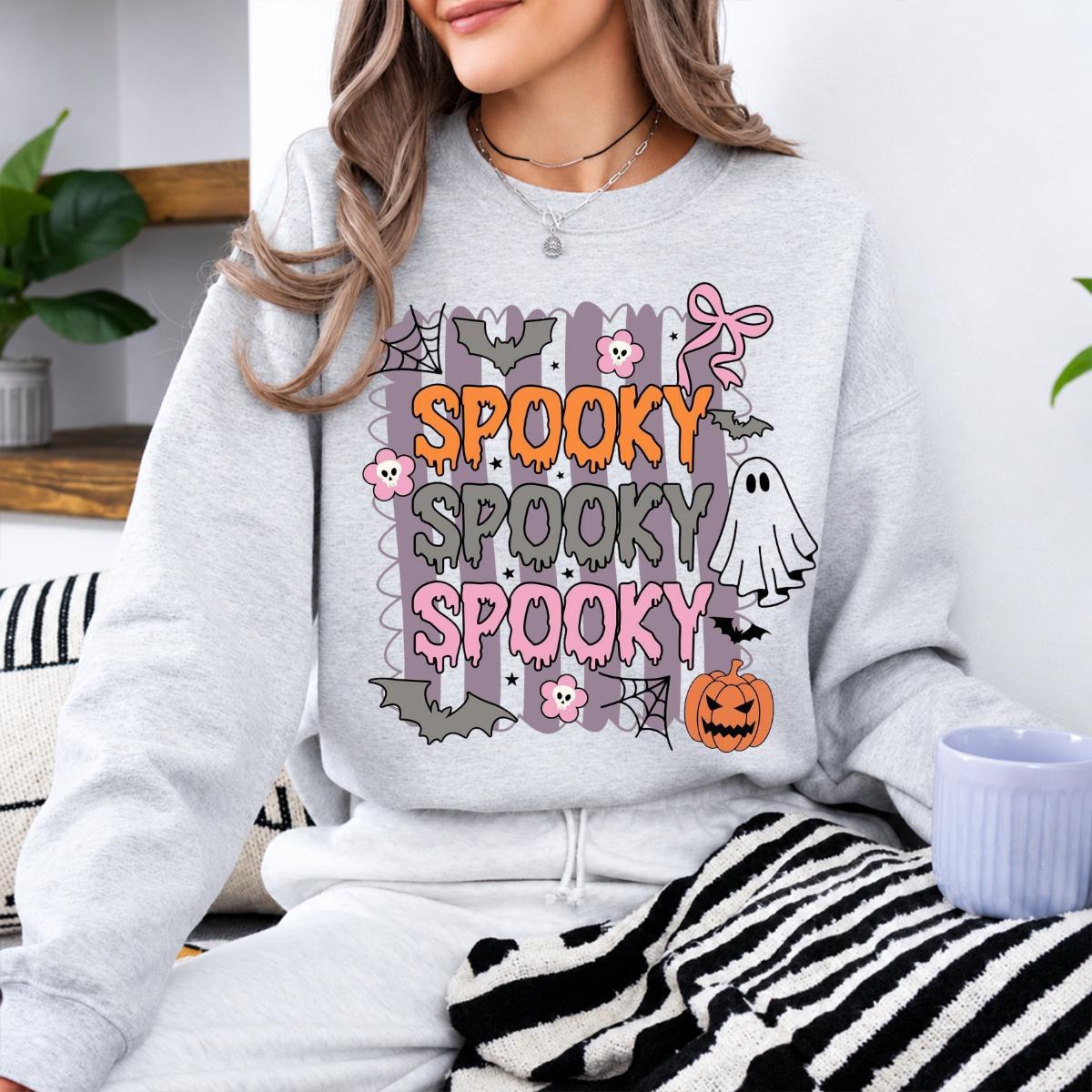 Spooky Season Spooky Spooky Spooky Sweatshirt and T-Shirt Halloween Fall Women Retro Cute Pastel Coquette