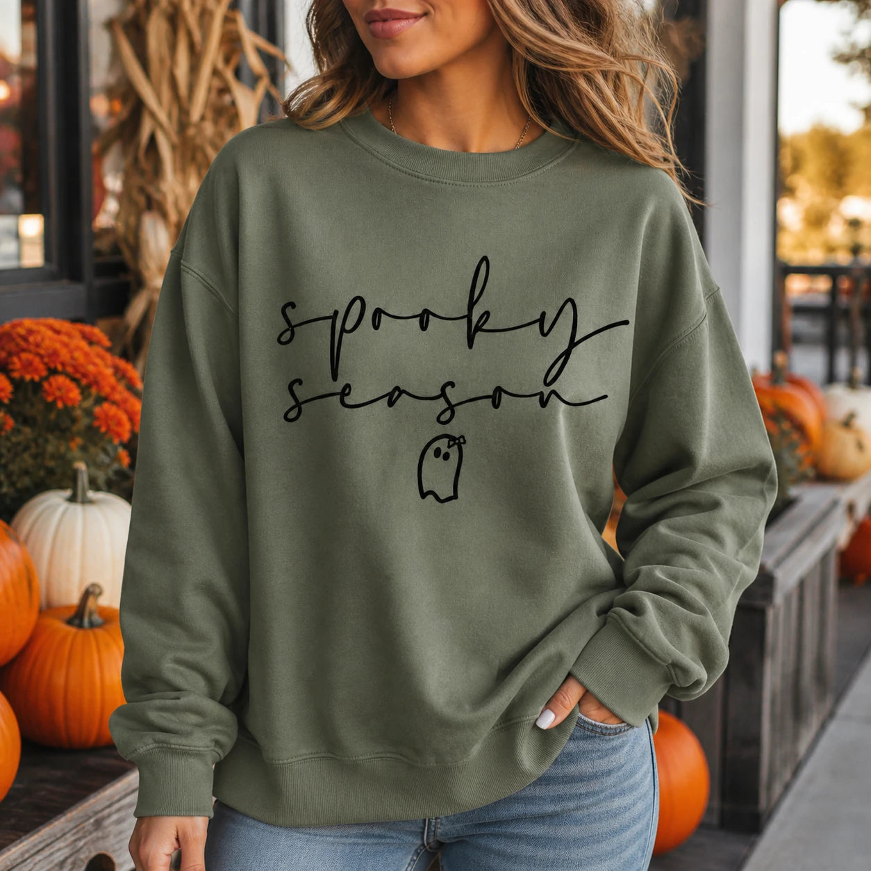 Spooky Season Sweatshirt Minimalist Cute Ghost Fall Graphic Pullover Halloween Crewneck for Women