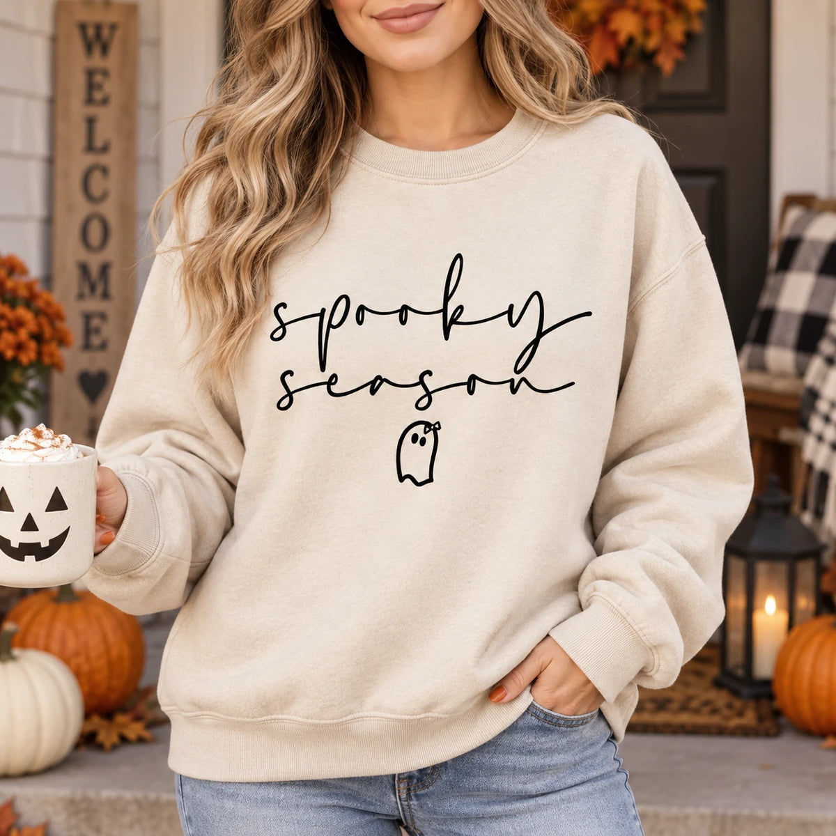 Spooky Season Sweatshirt Minimalist Cute Ghost Fall Graphic Pullover Halloween Crewneck for Women