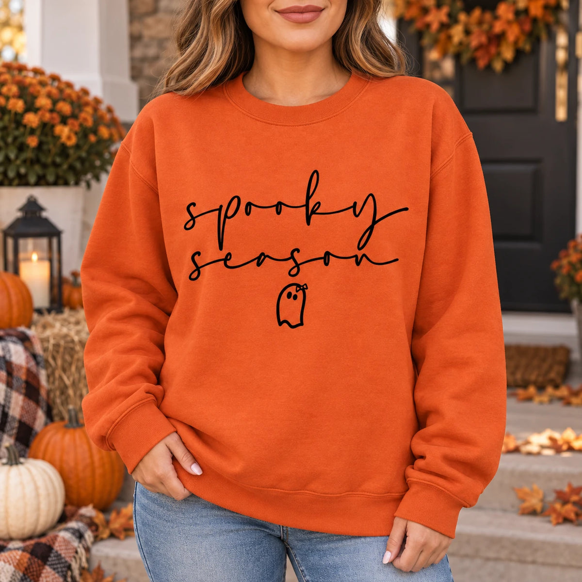 Spooky Season Sweatshirt Minimalist Cute Ghost Fall Graphic Pullover Halloween Crewneck for Women