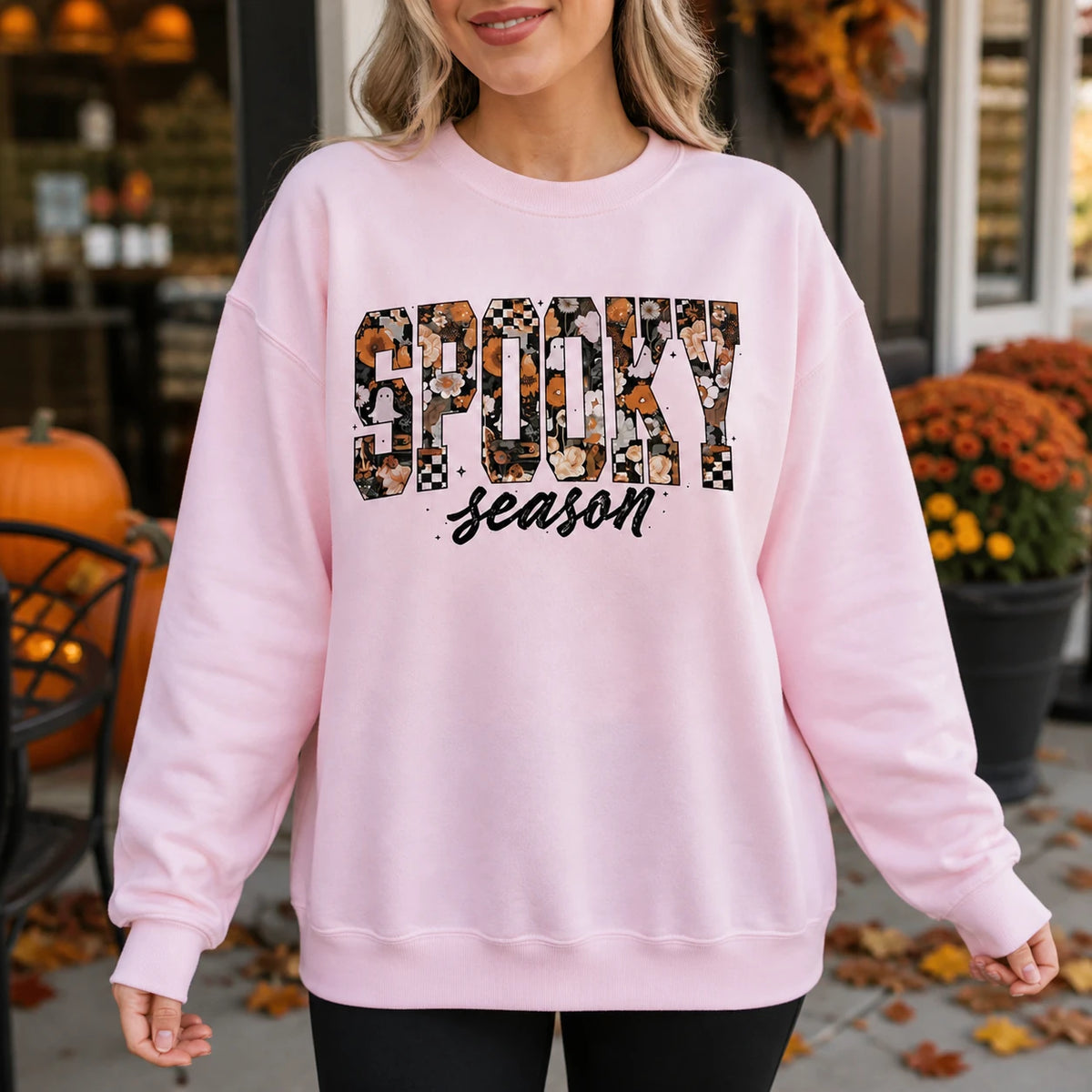 Spooky Season Sweatshirt Spooky Season Floral Ghost Pumpkin Halloween Fall Women Cute Floral